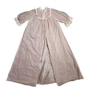 Vintage 60s M Sears Sheer Lace Peignoir Robe Puff Sleeve Pleated Night Gown